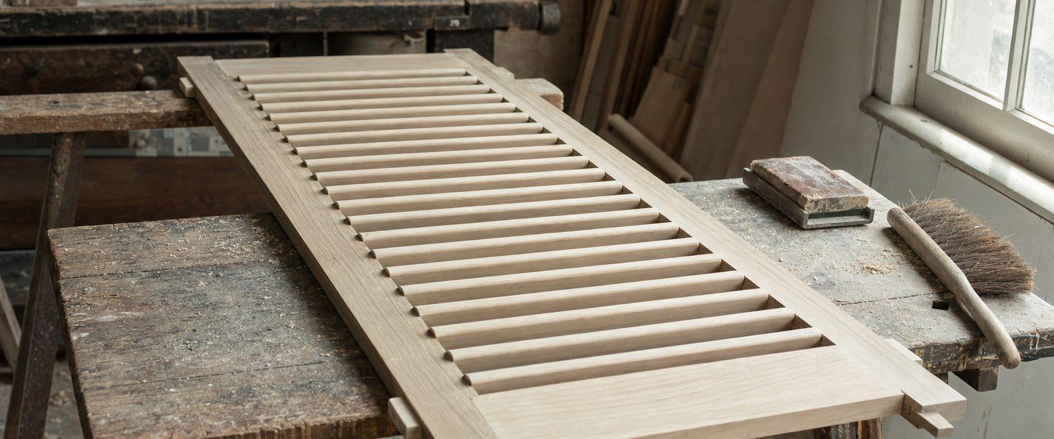 Volet bois persienné posé à plat sur tréteaux dans un atelier, mis à nu, assemblages à tenon et mortaise apparents