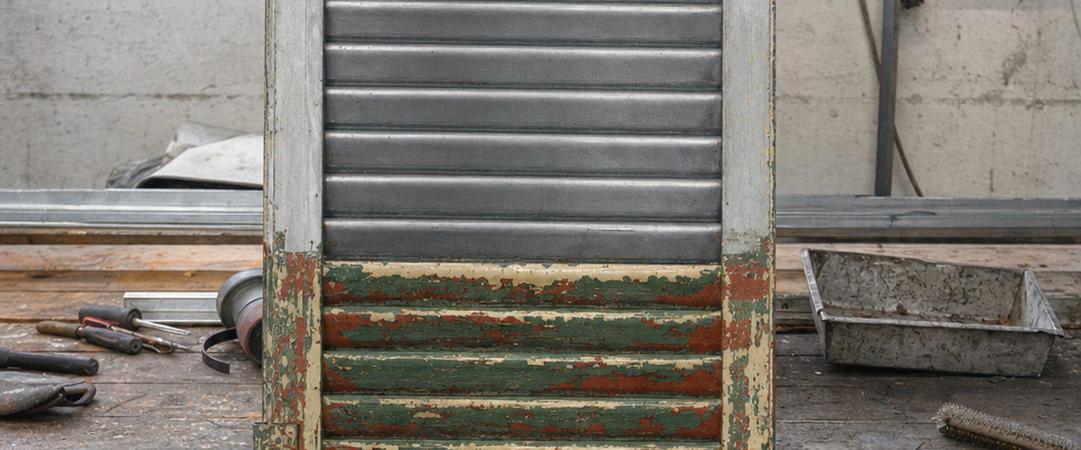 Vantail de persienne métallique à mi-décapage sur un établi d'atelier : le haut ramené au métal nu, le bas encore couvert d'anciennes couches de peinture craquelées