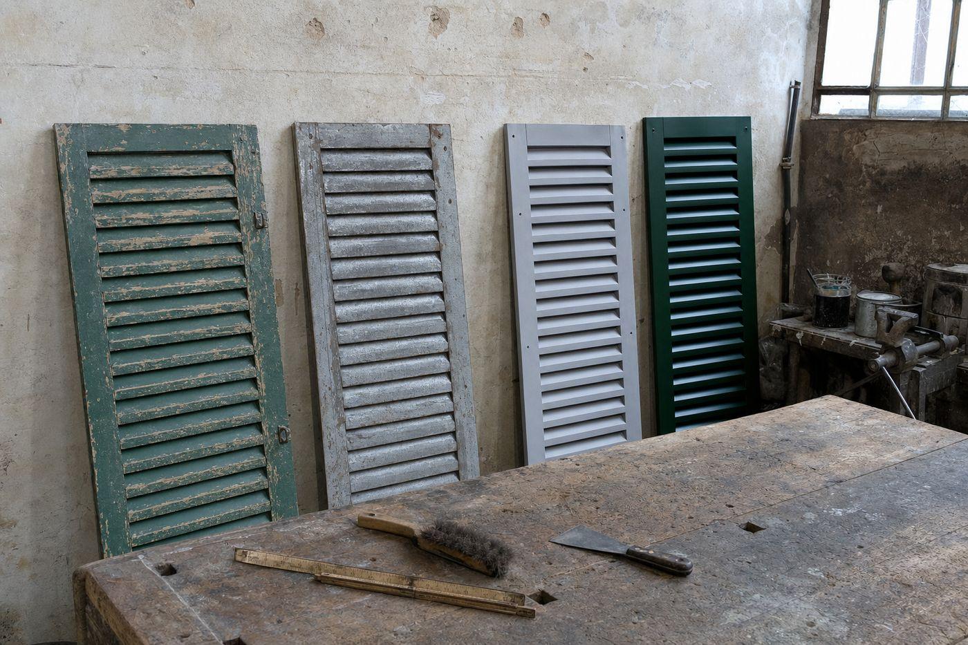 Quatre vantaux de volets persiennés alignés contre le mur d'un atelier, aux quatre stades d'une rénovation : peinture écaillée, métal décapé, apprêt gris, finition vert profond
