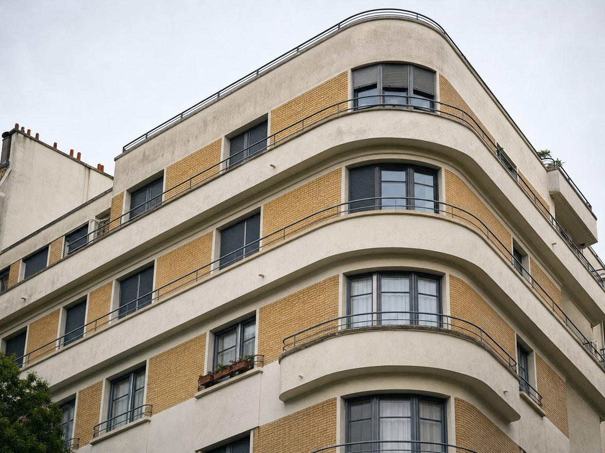Immeuble Art déco des années trente à Boulogne-Billancourt, angle arrondi, enduit clair et brique, balcons filants et volets métalliques gris