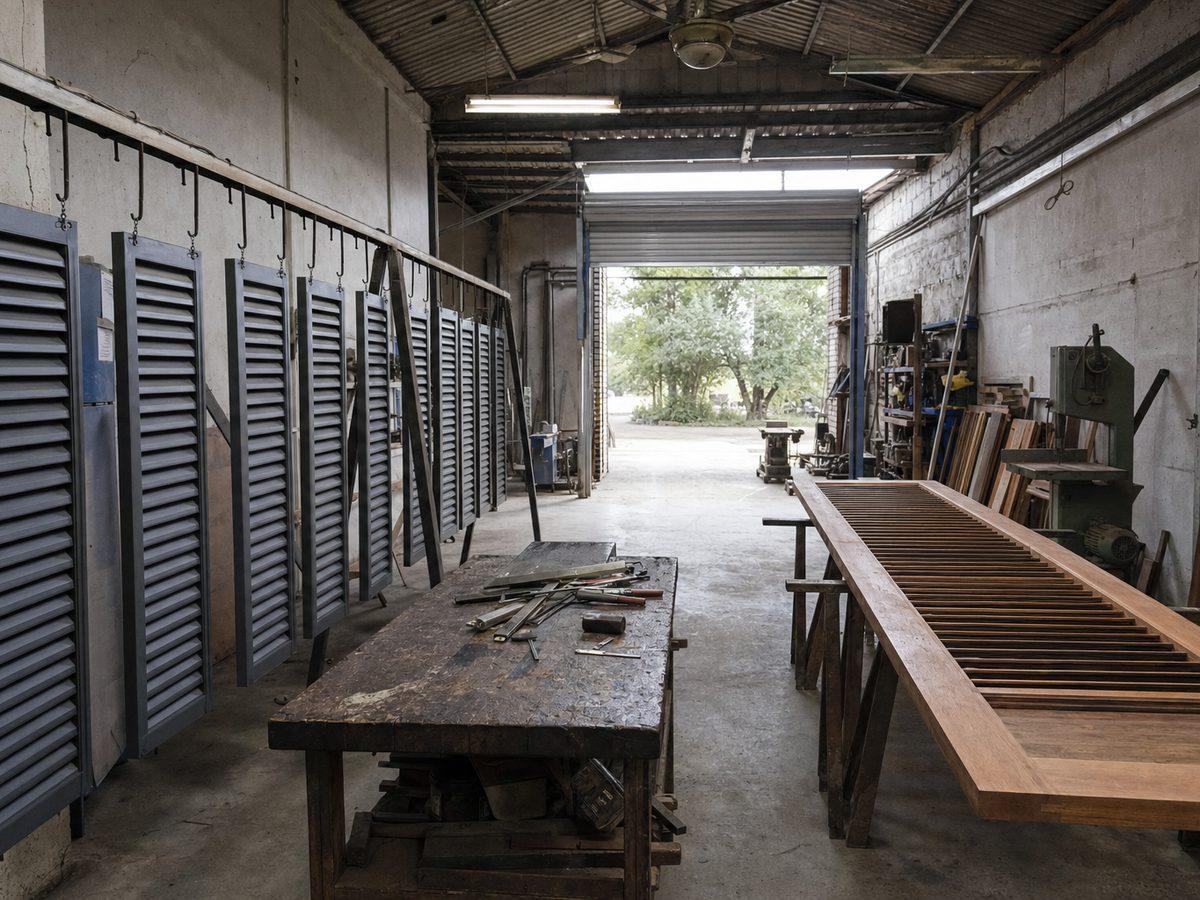 Atelier d'artisan : vantaux de persiennes métalliques suspendus le long d'un mur, volet bois posé sur tréteaux, établi et outils à main, porte roulante ouverte sur la lumière du jour