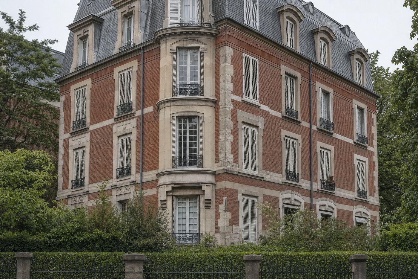 Immeuble des années 1900 en pierre et brique dans une commune résidentielle de l’ouest parisien : panneaux de brique rouge, encadrements en pierre claire, toiture d’ardoise, bow-windows et volets bois peints en blanc