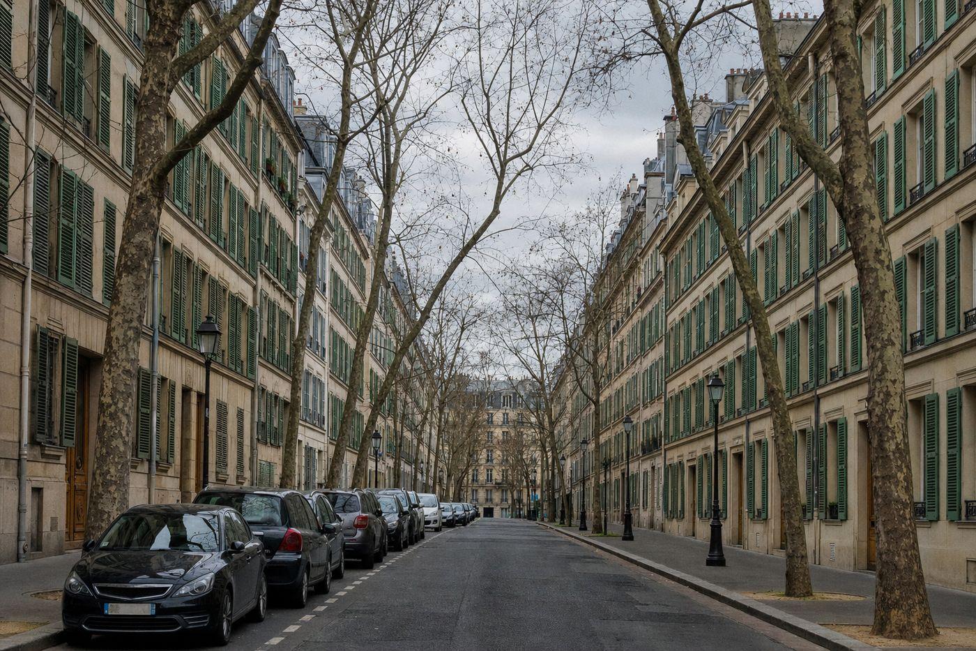 Rue étroite de la petite couronne parisienne vue en enfilade, façades continues sans retrait sur rue, balcons filants et persiennes métalliques à chaque niveau, immeubles mitoyens sur plusieurs étages