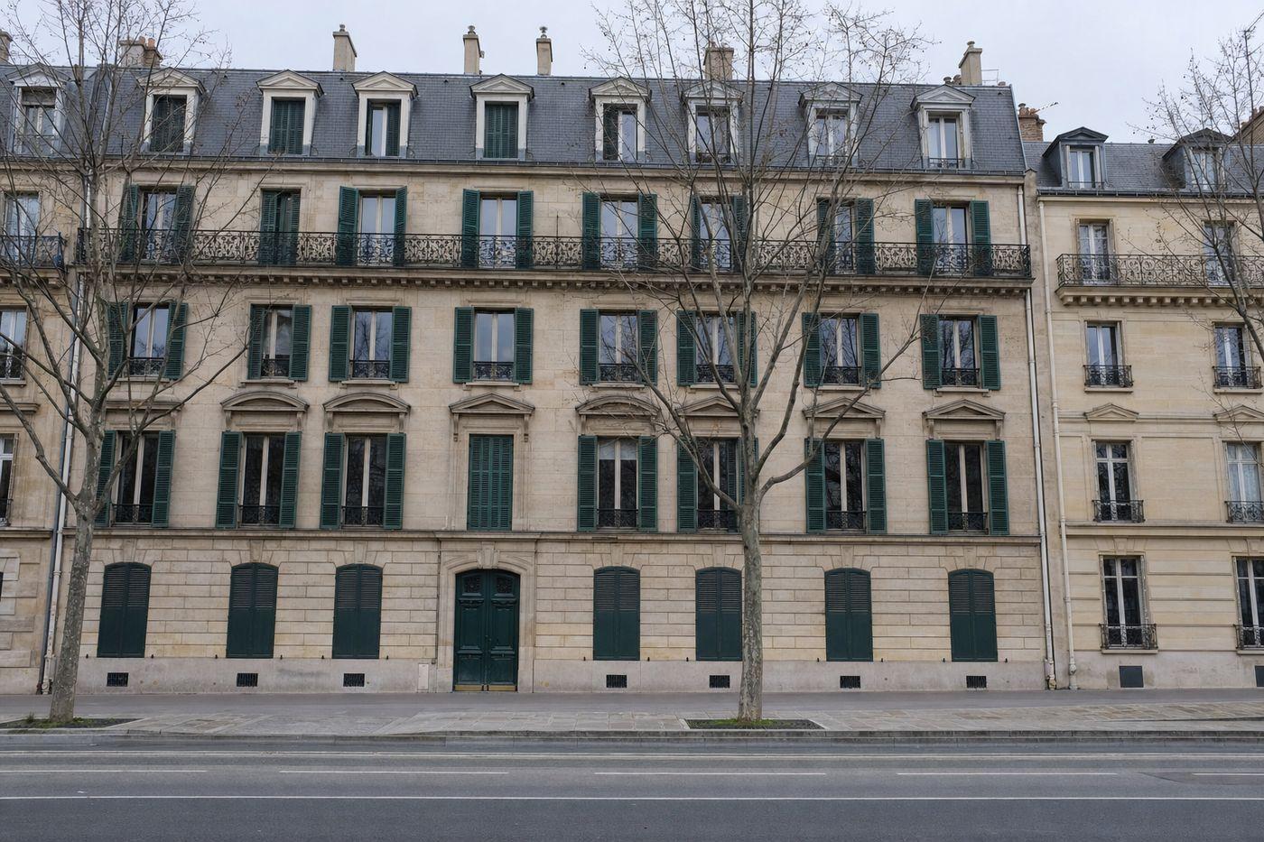 Immeuble haussmannien de manuel sur un large boulevard parisien : pierre de taille appareillée, balcon filant en fer forgé au deuxième étage, toiture mansardée en zinc, persiennes métalliques vert foncé à chaque fenêtre