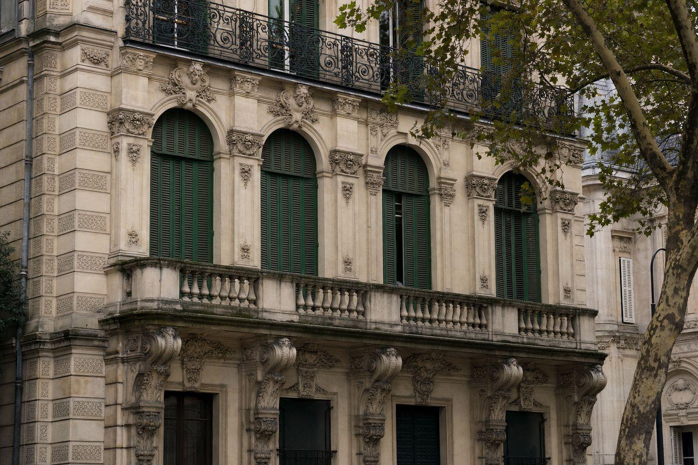 Façade en pierre de taille d’un hôtel particulier parisien, balcons et encadrements sculptés, fenêtres hautes à volets repliés dans les tableaux