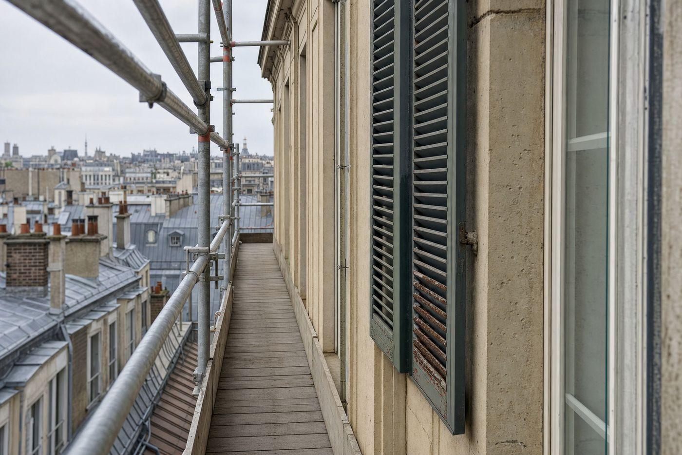 Vue le long d'une planche d'échafaudage au quatrième étage d'un immeuble parisien, avec garde-corps et, à hauteur de main, une fenêtre dont le volet métallique vert est replié contre le tableau de pierre