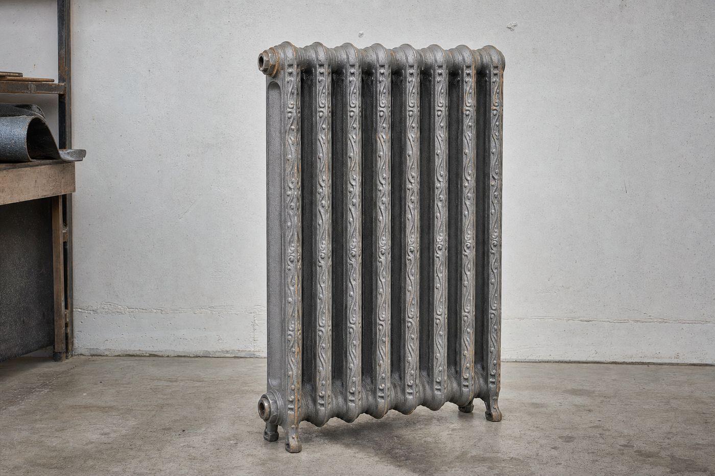 Radiateur en fonte à colonnes entièrement décapé, posé sur le sol d’un atelier : fonte grise brute, coutures de moulage et reliefs décoratifs de chaque élément nettement lisibles