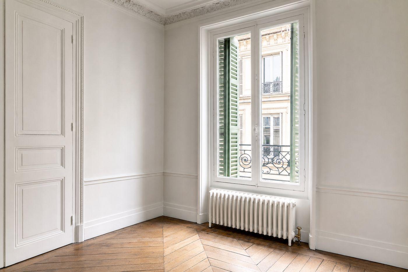 Radiateur en fonte restauré et reposé sous une fenêtre d’appartement parisien vide, finition satinée blanc cassé, robinet en laiton, parquet à bâtons rompus et corniche en plâtre