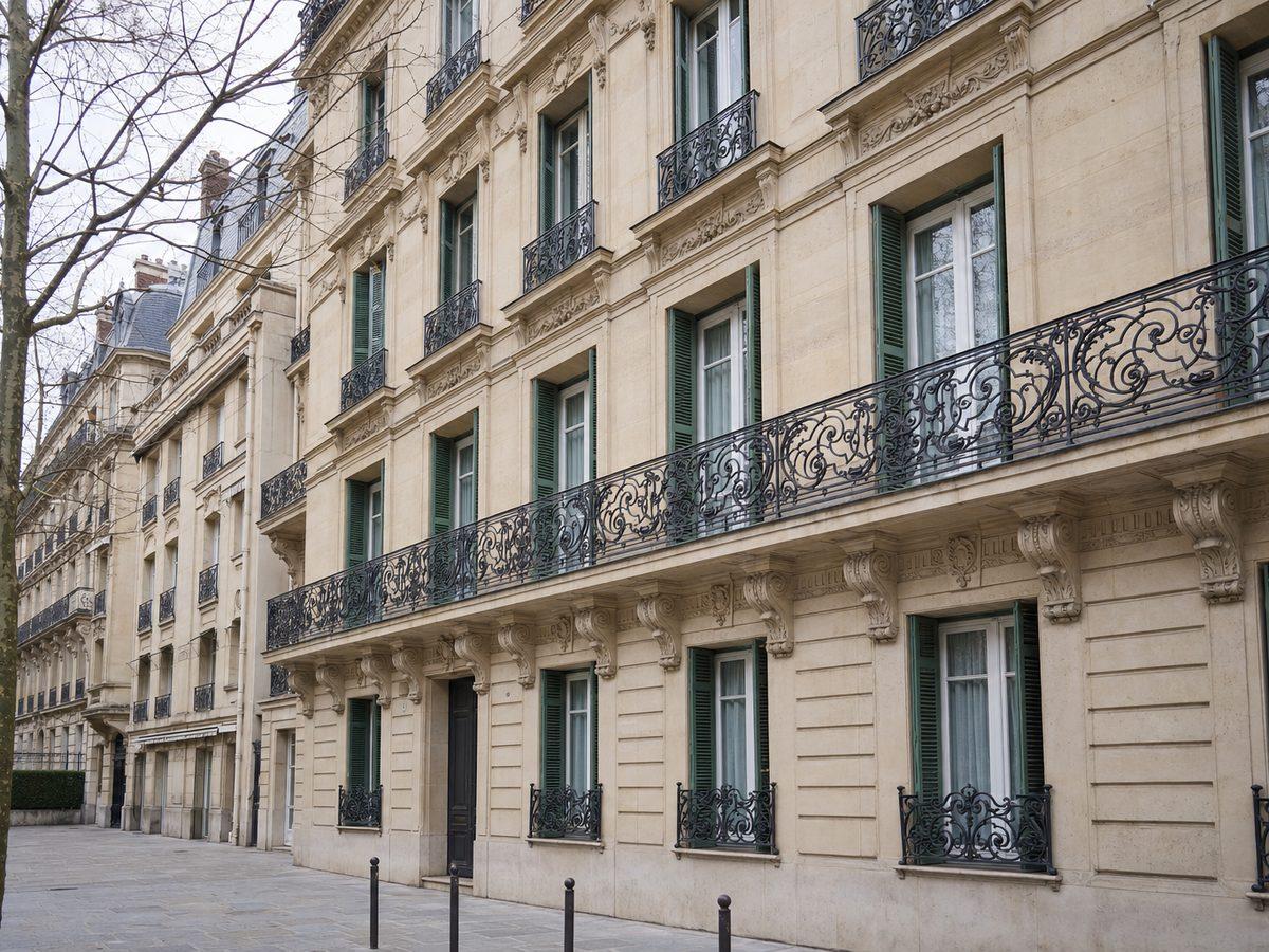 Immeuble haussmannien du 16e arrondissement de Paris en pierre de taille, fenêtres très hautes, balcons en fer forgé ouvragé et persiennes métalliques vert foncé