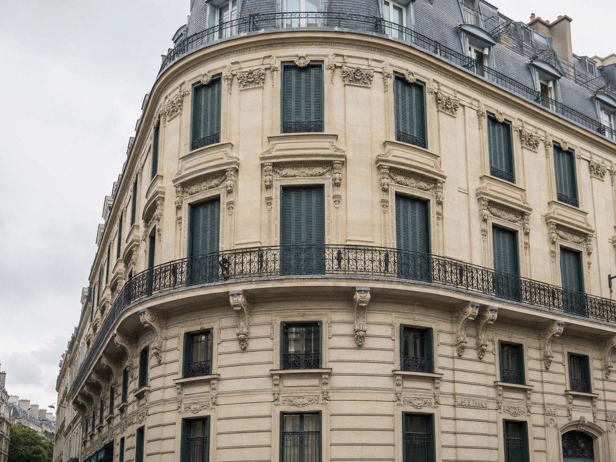 Immeuble haussmannien d'angle du 8e arrondissement de Paris, pan coupé arrondi, corniches moulurées, balcon filant en fer forgé et persiennes métalliques vert foncé