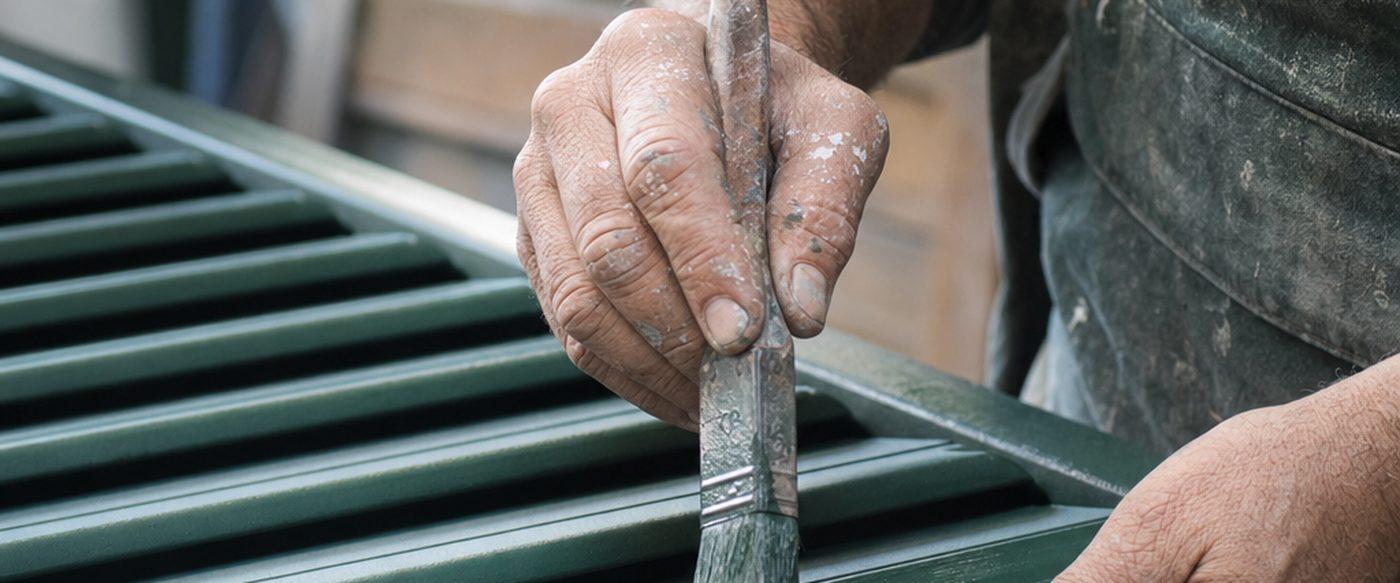 Main d'artisan appliquant à la brosse une peinture vert foncé sur la lame d'une persienne métallique posée sur tréteaux