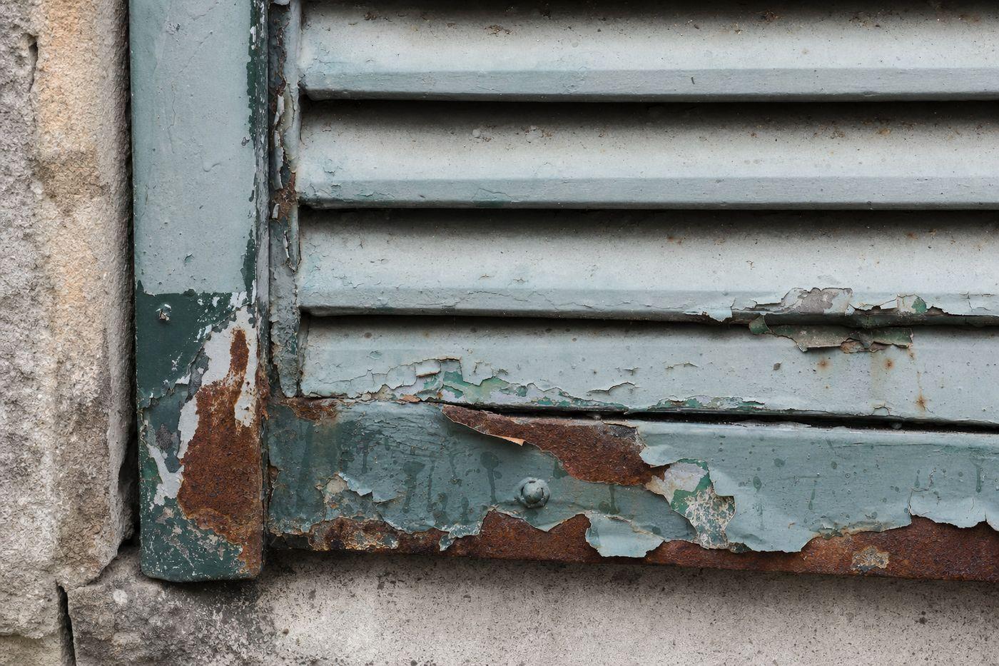 Pied d’une persienne métallique parisienne rongé par la corrosion, peinture cloquée et acier orangé apparent, articulation grippée par les couches successives
